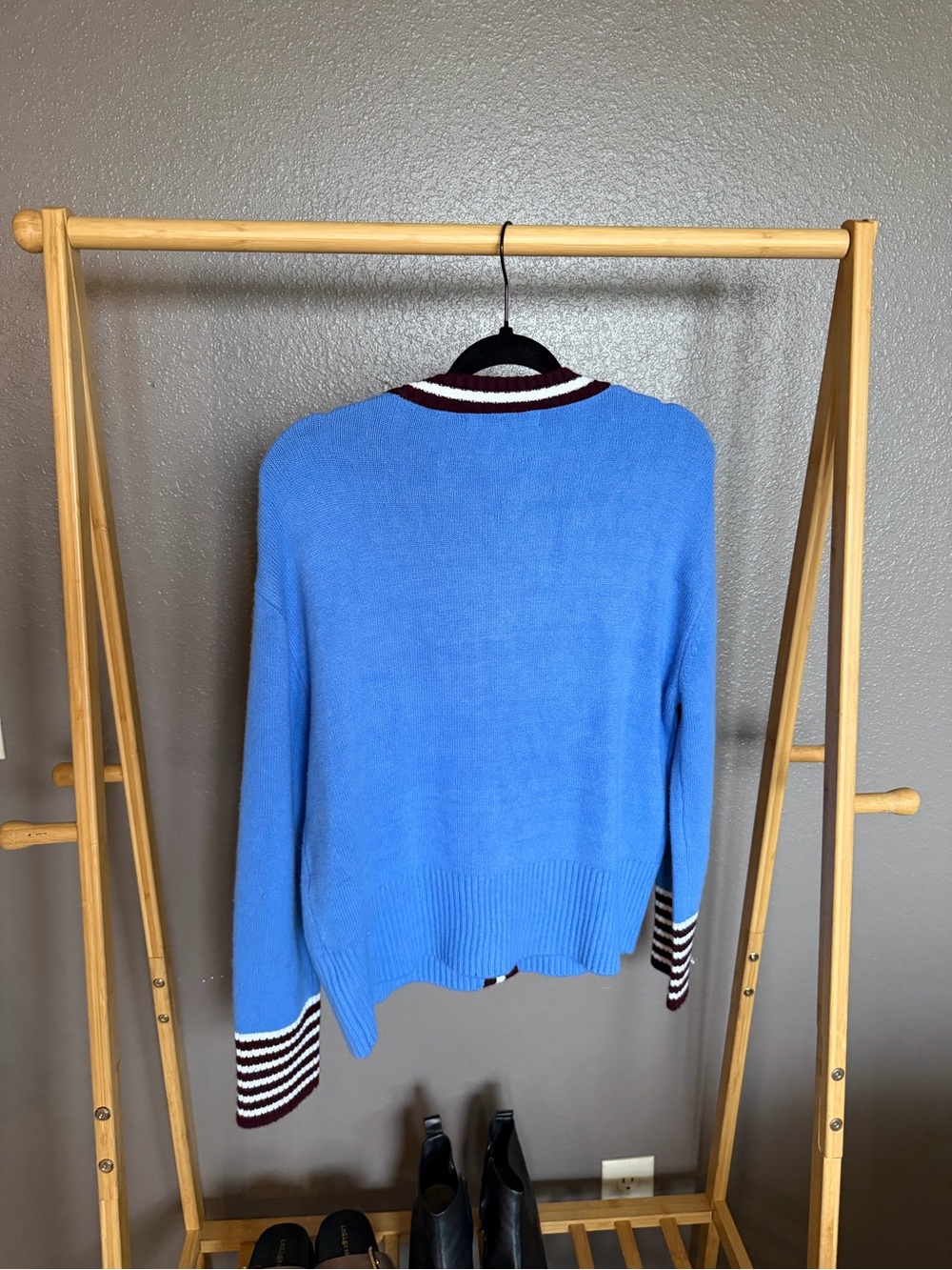 French Connection Blue Cardigan with Maroon and White Trim - Picture 6 of 6